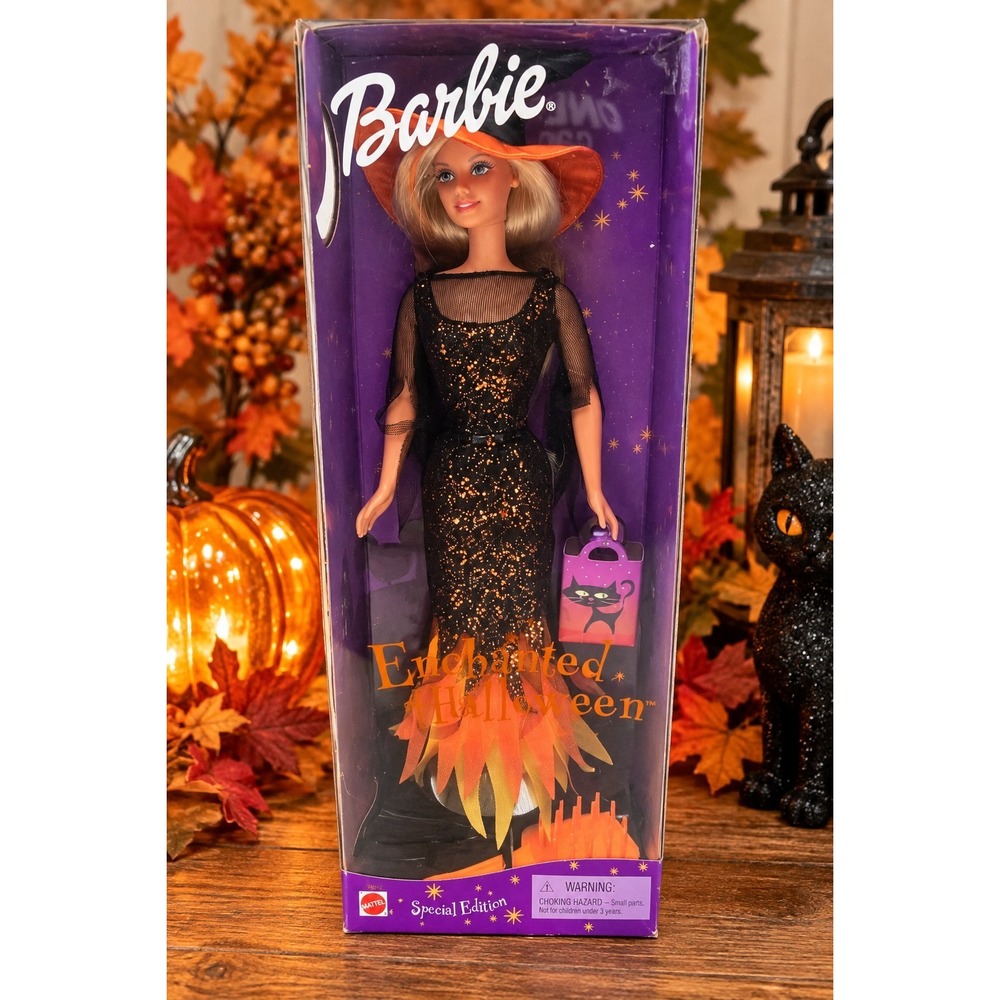 2000 Barbie Enchanted Halloween Special Edition Doll Witch Black Glitter Dress